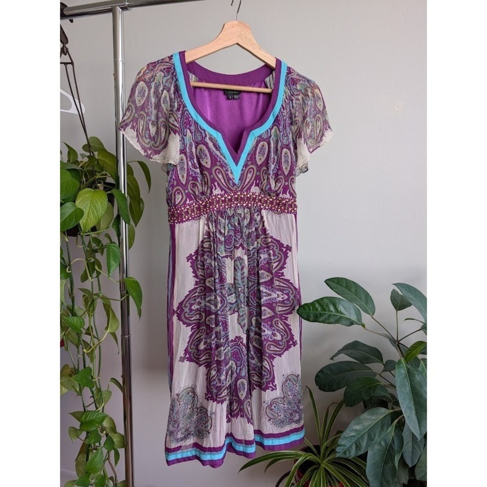 vintage y2k silk beaded dress 4 empire waist purple mandala tunic Nicole Miller